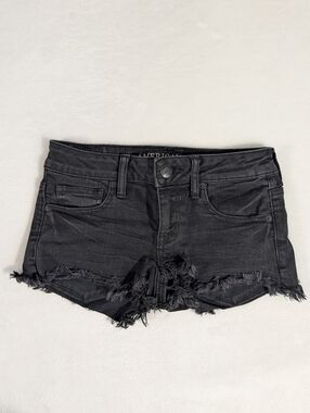 ❤️ 2017 American Eagle Super Low Shortie Super Stretch Black Denim Shorts Size 2